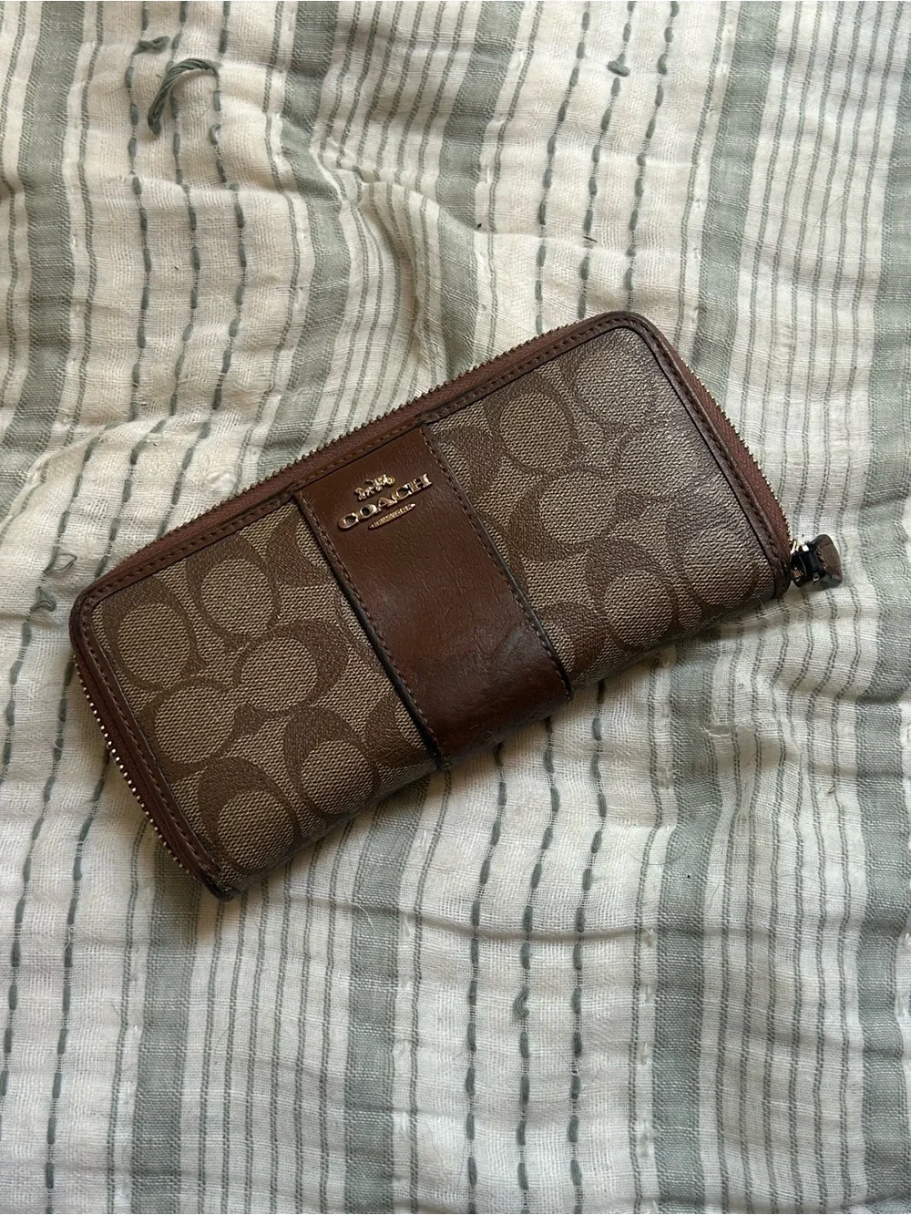Coach Brown Signature Zip-Around Wallet with Leather Trim